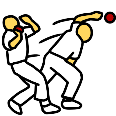 A yellow figure in cricket whites bowling a red ball overarm. The figure is shown twice, before and after releasing the ball.